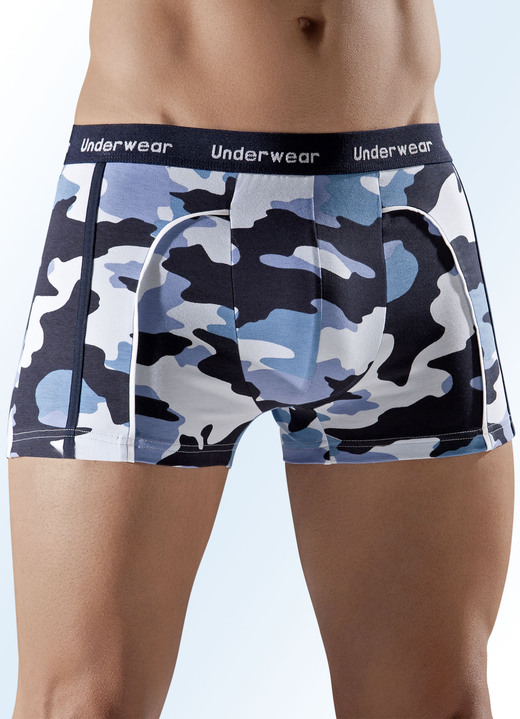 Herrenunterwäsche - Dreierpack Pants aus Feinjersey, Camouflage-Dessin, in Größe 004 bis 010, in Farbe BLAU-MARINE-WEISS