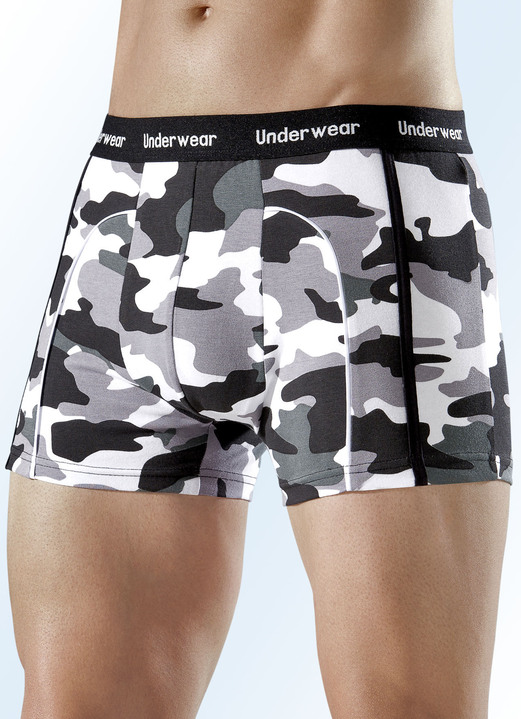 Herrenunterwäsche - Dreierpack Pants mit Camouflage-Dessin, in Größe 004 bis 010, in Farbe SCHWARZ-GRAU-OLIV-WEISS