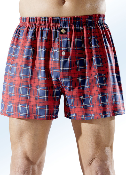 Herrenunterwäsche - Viererpack Boxershorts, kariert, in Größe 004 bis 013, in Farbe 2X ROT-BLAU, 2X BLAU-ROT